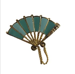 Vintage‎ Aqua Blue Geisha Fan Brooch Gold Tone Enamel with Chain Accent